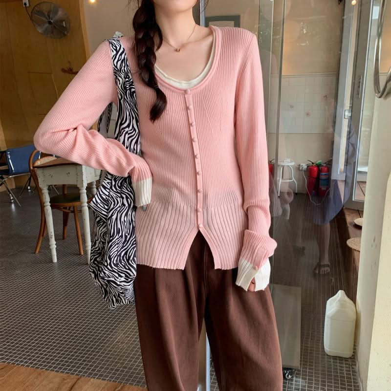 Eleganter rosa Langarm-Strickpullover für Damen, taillierter Slim-Fit, Lagenlook-Top