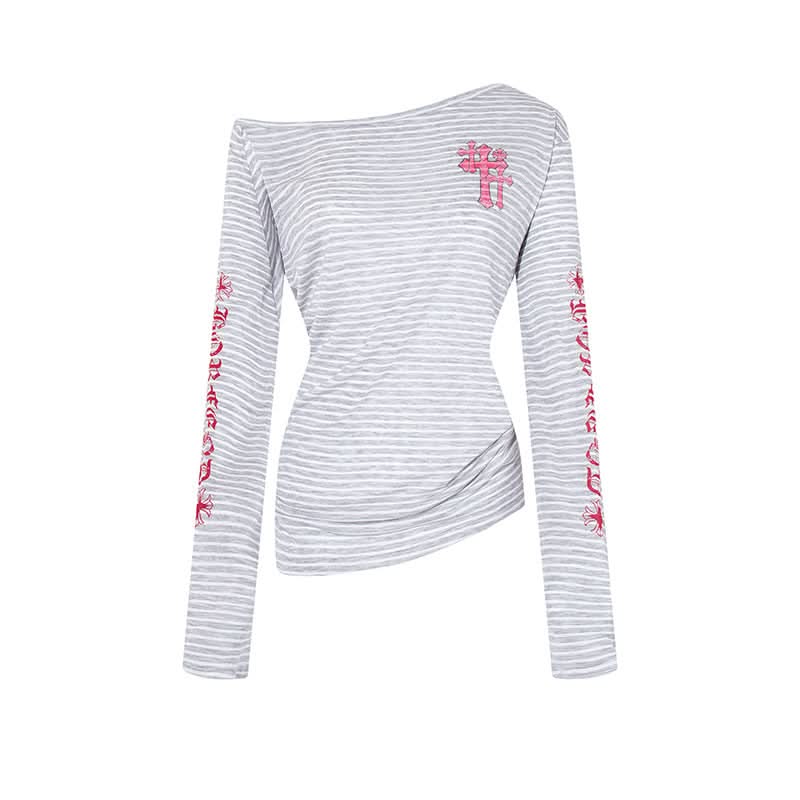 Stripe Graffiti Off-Shoulder Long Sleeve T-Shirt Women's Casual Edgy Style Top