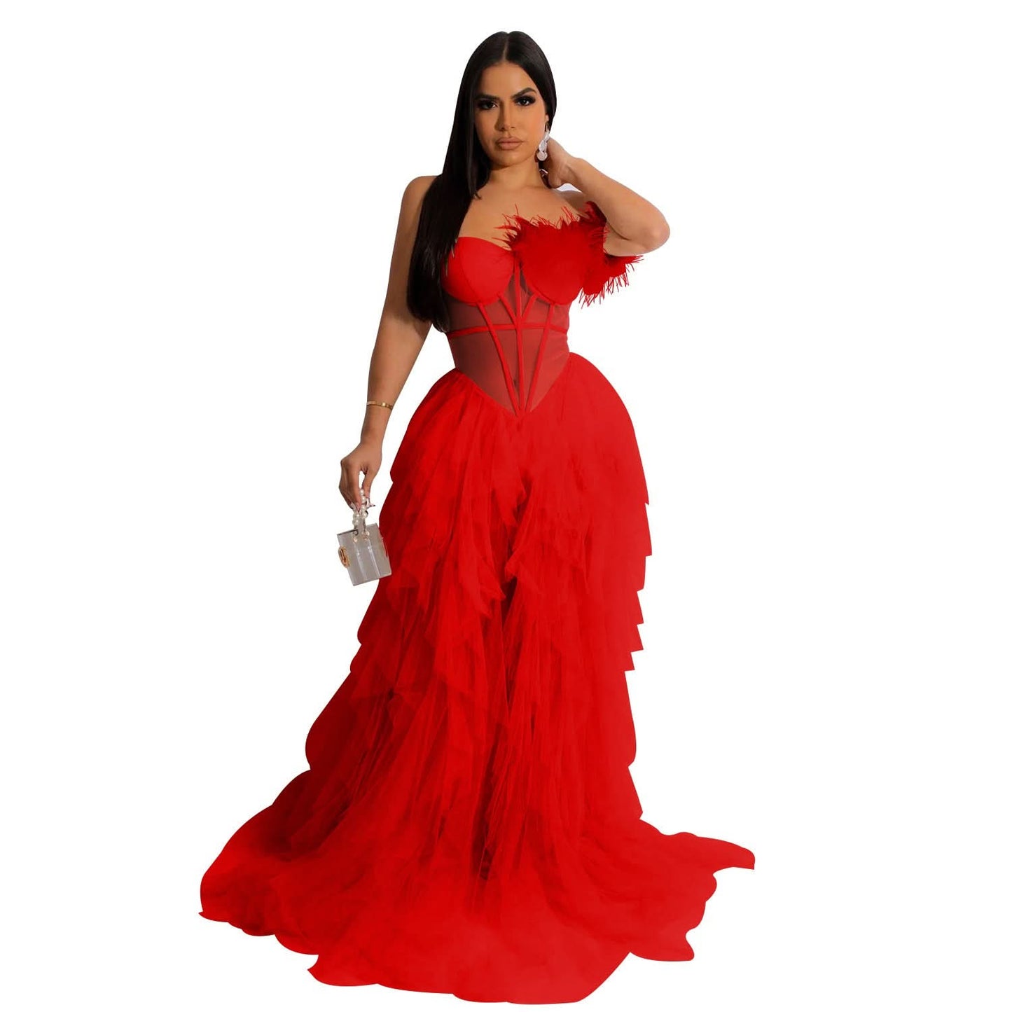 Fashion Women's Solid Color Sleeveless Bustier Mesh Long Dress