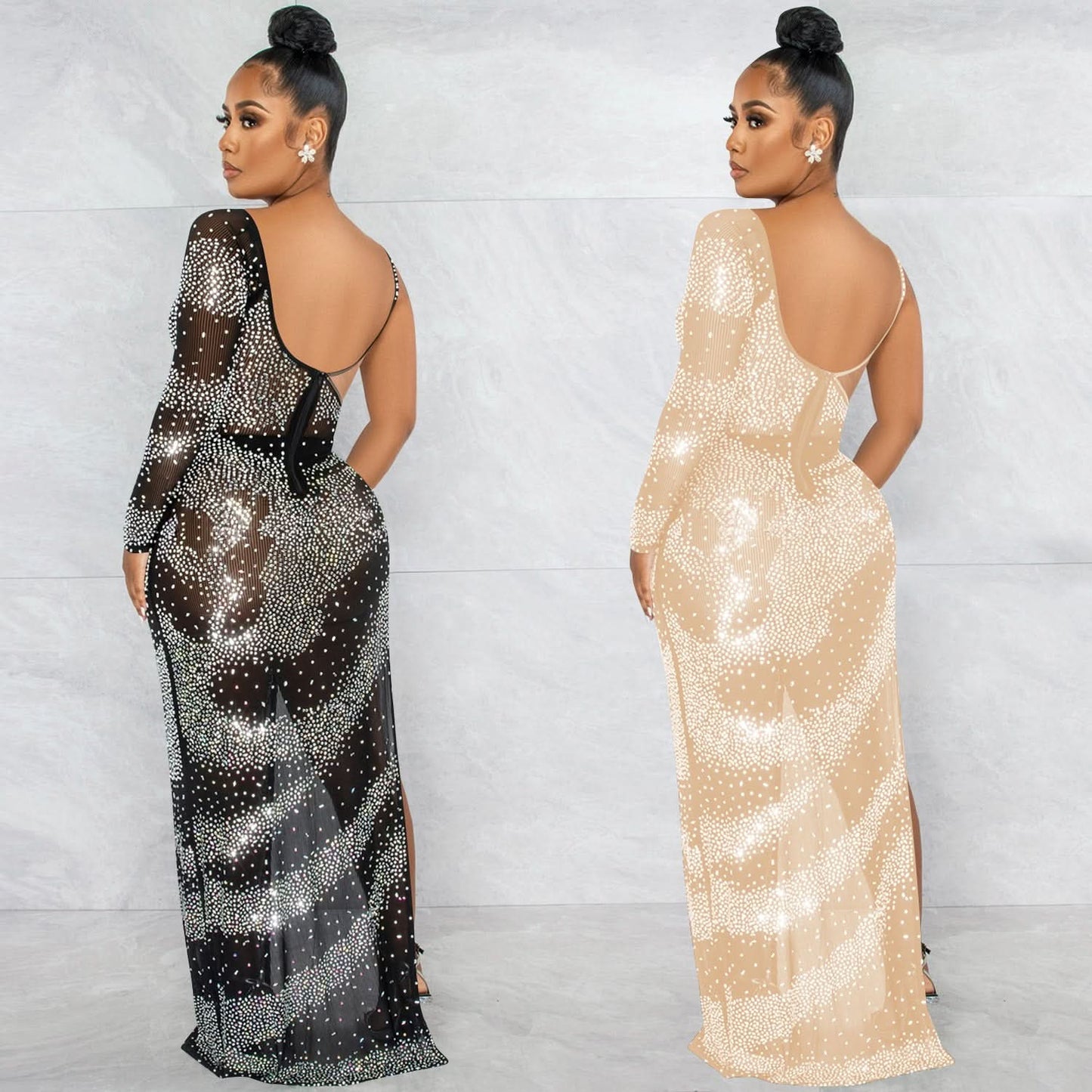 Fashion Sexy Nachtclub Strass Einarm Langarm Unregelmäßiger Schlitz Maxikleid