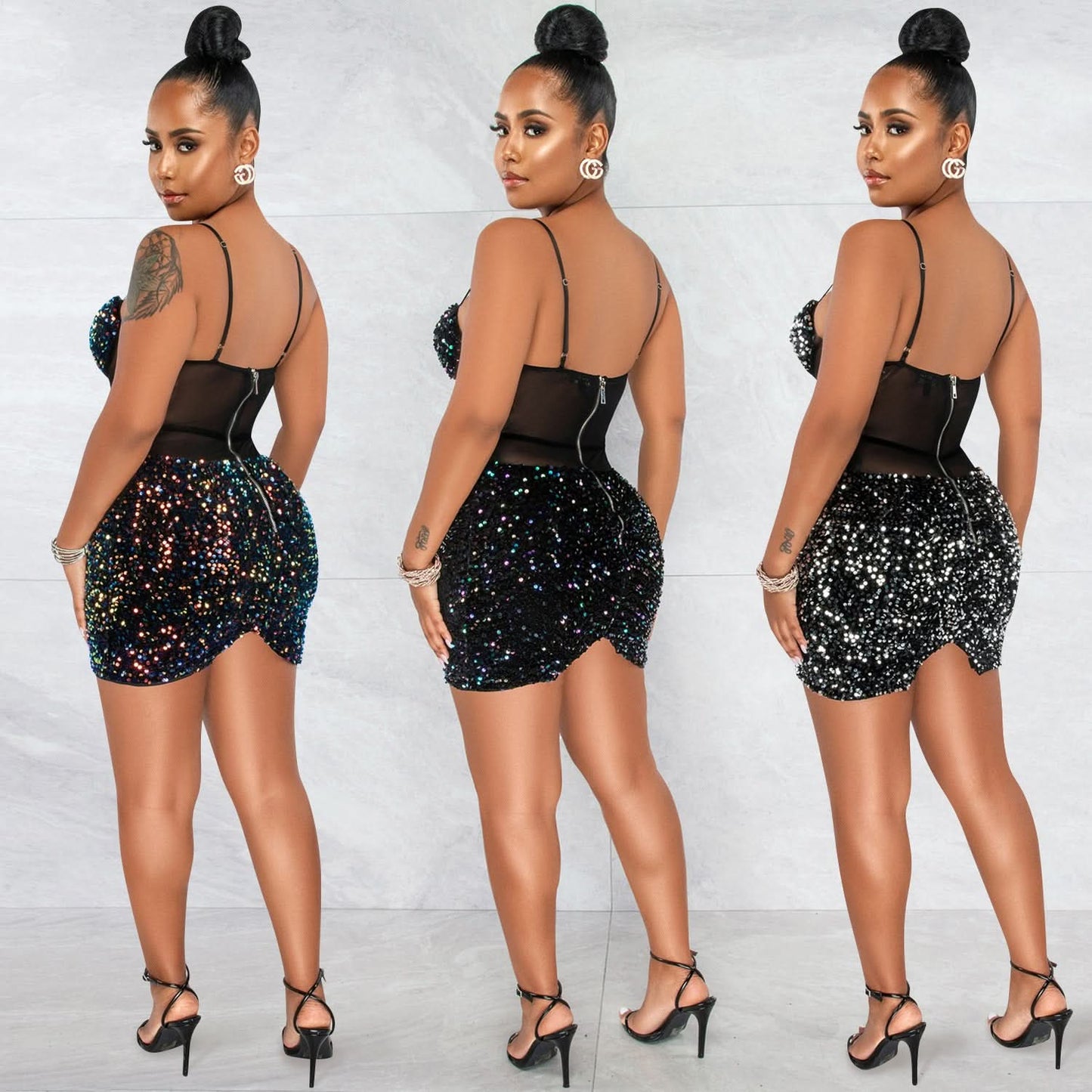 Mode sexy ärmelloses Pailletten-Mesh-durchsichtiges Reißverschluss-Midikleid