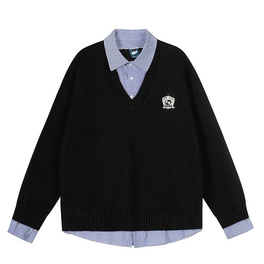 Plaid Spliced Mock Two-Piece Long Sleeve Knit Sweater Couple Women's Autumn