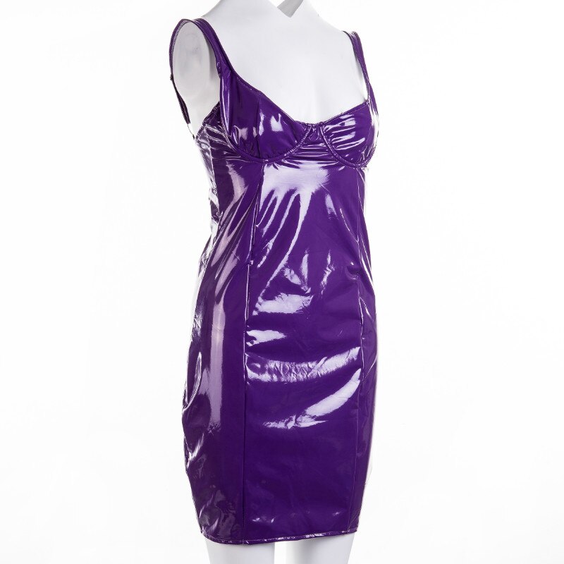 hirigin Women Latex Faux Leather Bodycon Mini Dress Summer Sleeveless Strap  Sexy Club Vestido