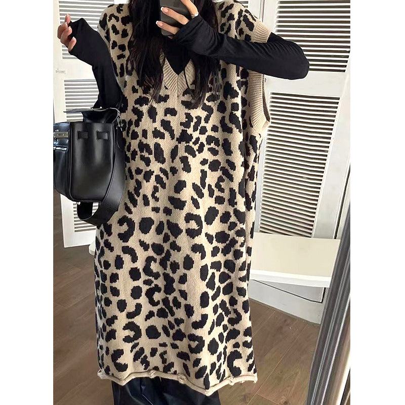Leopard Print Sleeveless Knit Dress For Women Autumn New V-neck Loose Versatile Ankle Length Vestido Robe