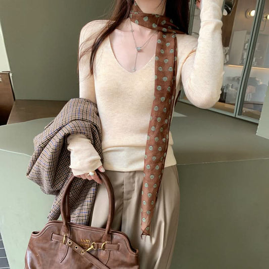 Simple V-Neck Long Sleeve Knit Top for Women, Solid Color, Slim Fit, Elegant Casual Wear