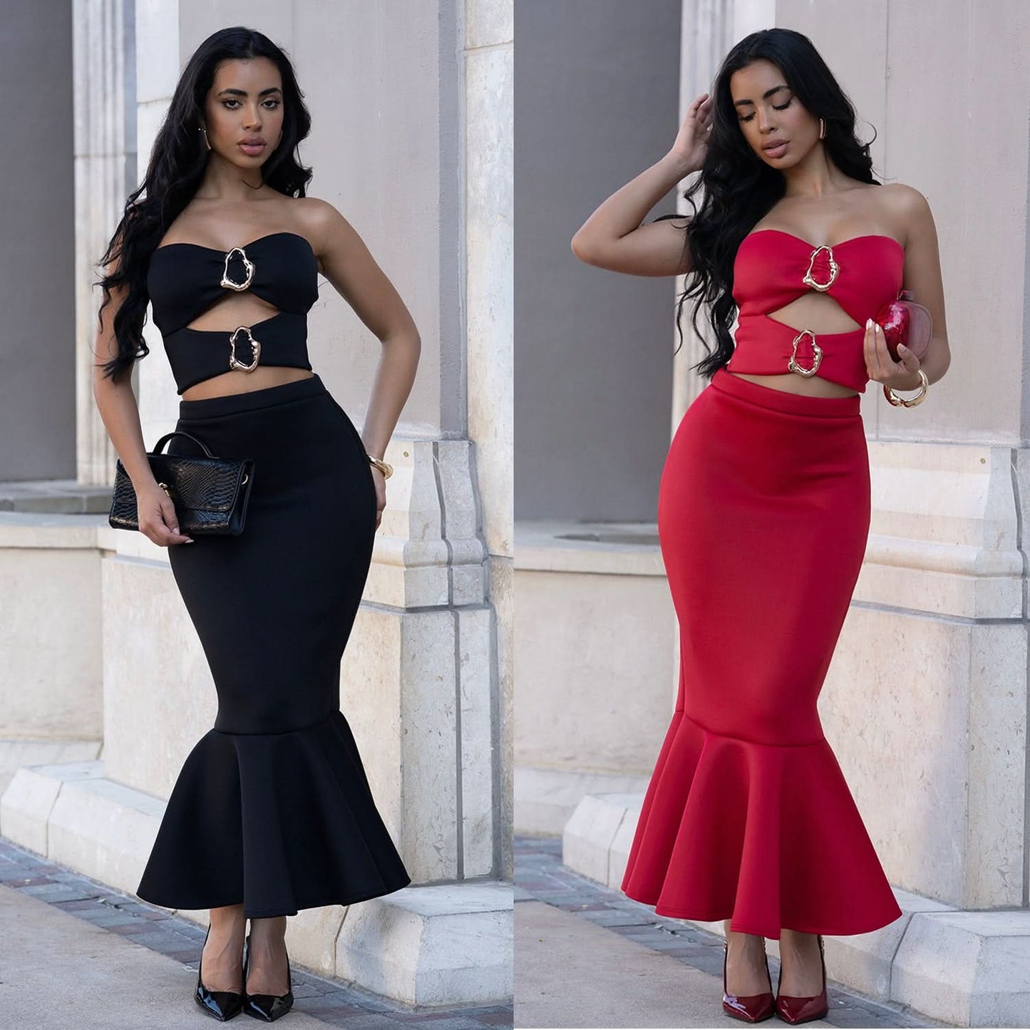 Damen Sexy Trägerloses Oberteil mit Spitzenbesatz und Bodycon Rock Set
