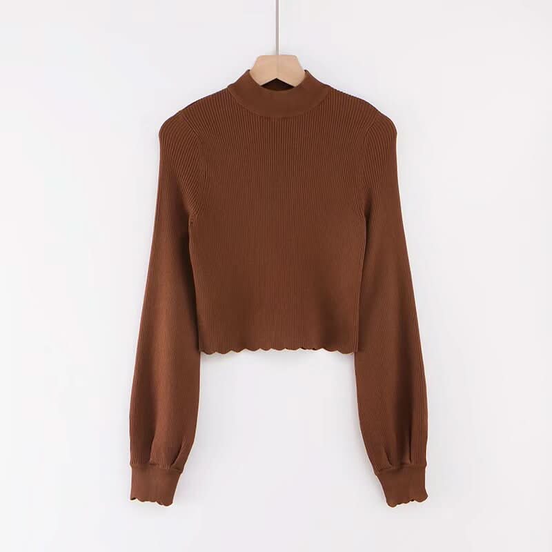 Long sleeved half high neck lotus leaf sweater