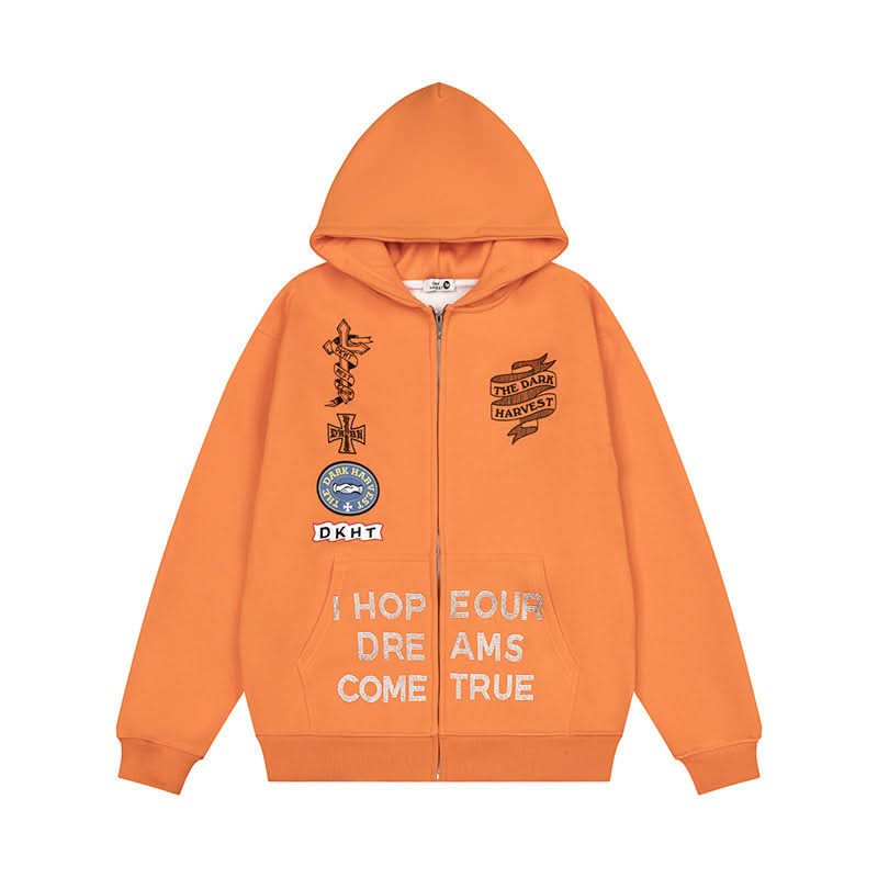 Bestickter Kapuzenpullover mit Reißverschluss Unisex Locker Vielseitige Fleece-gefütterte Jacke Trendig