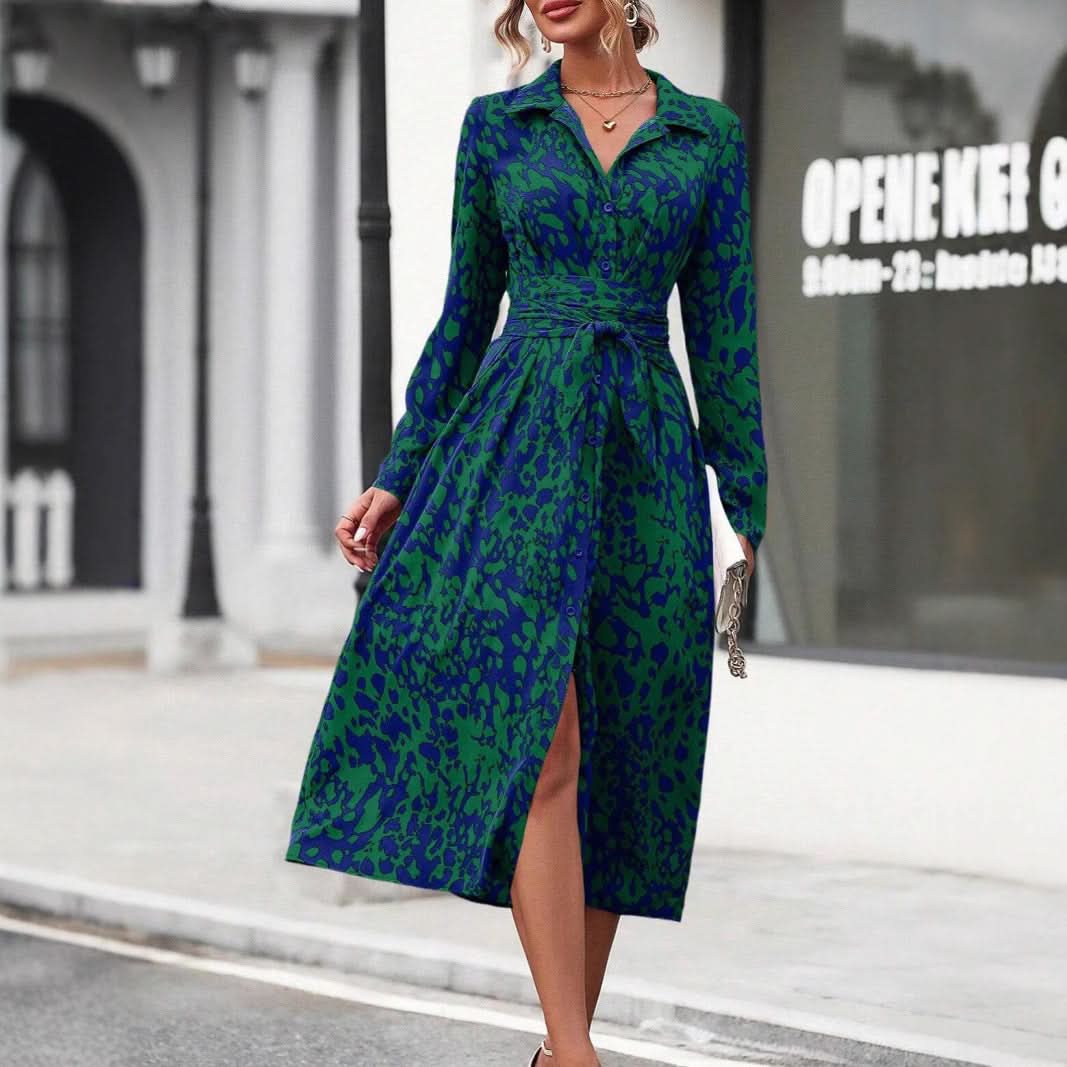 Kleid mit Hemdkragen, Gürtel und langem Rock für Damen