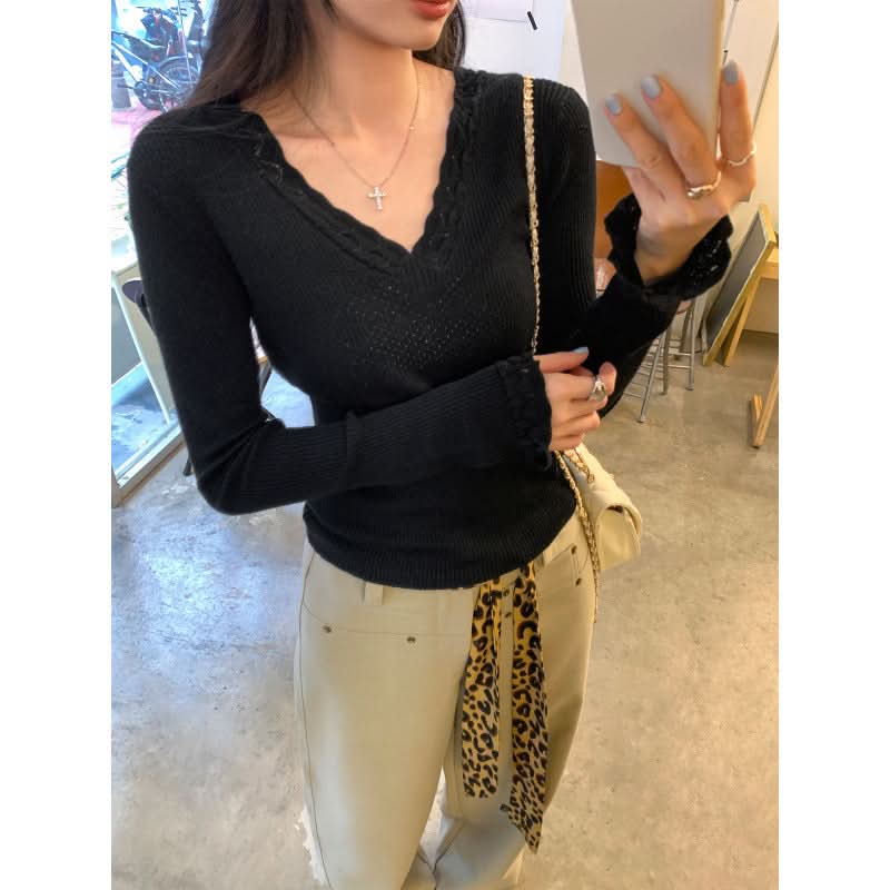 Eleganter violetter V-Ausschnitt-Strickpullover für Damen, schmal geschnitten, Langarm, Freizeitkleidung