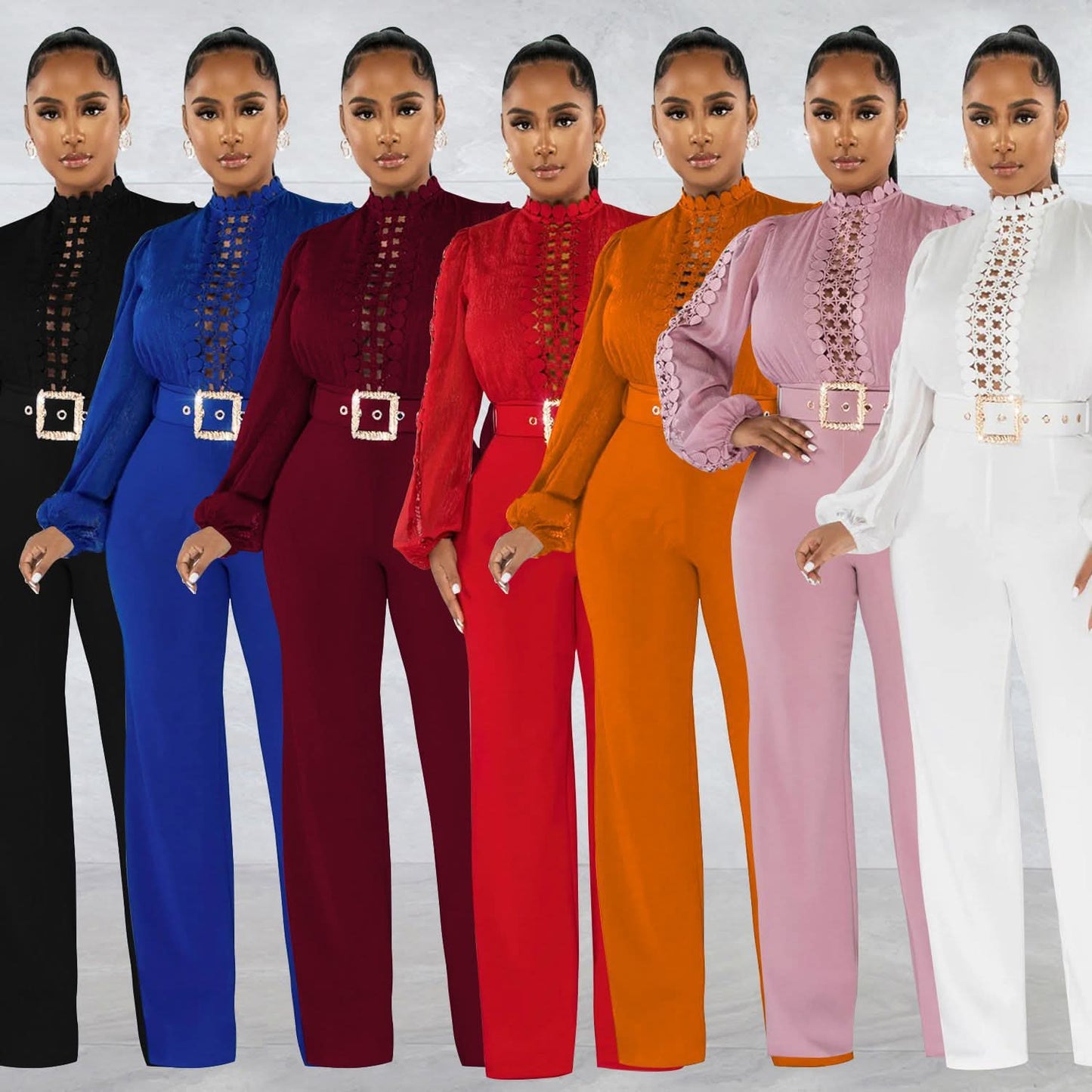 Solid Color Long Sleeve Belted Ruffle Cut-out Trousers Jumpsuit