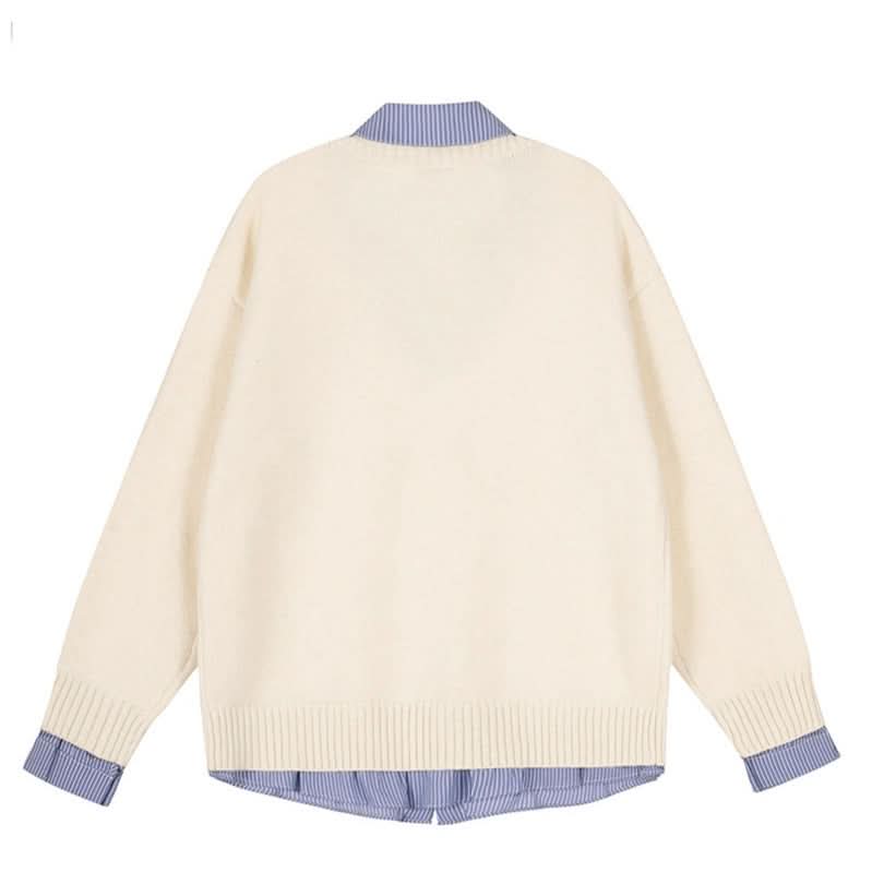 Plaid Spliced Mock Two-Piece Long Sleeve Knit Sweater Couple Women's Autumn