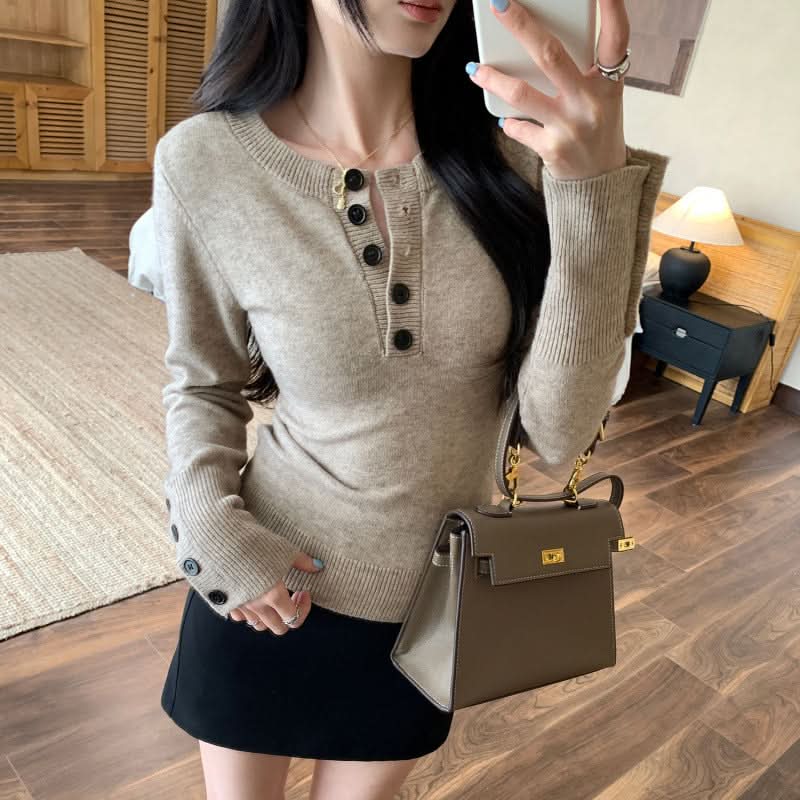 Damen Henley-Neck Strickpullover, schmal geschnittenes Langarm-Oberteil