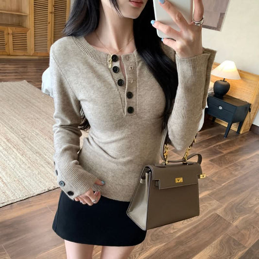 Style Henley Neck Knit Sweater for Women, Slim Fit Long Sleeve Pullover Top