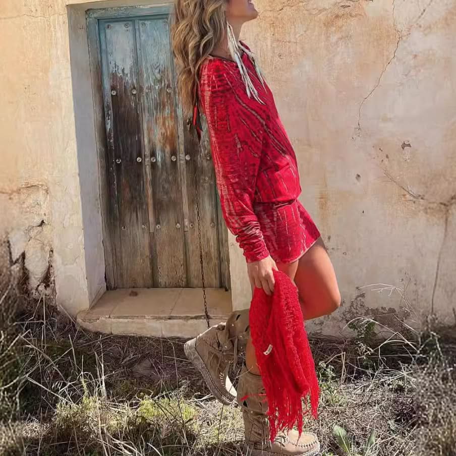 Chic One-Shoulder Batwing Sleeve Printed Bodycon Dress Tie-Dye Mini Skirt