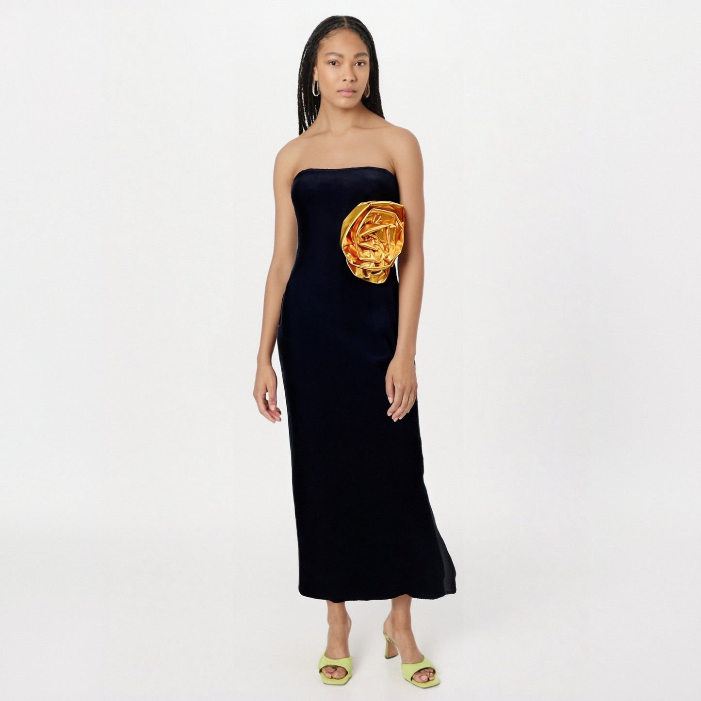High Quality Women Sexy Strapless Big Golden Florals Bodycon Bandage Long Dress Elegant Evening Party Homecoming Dress Vestido