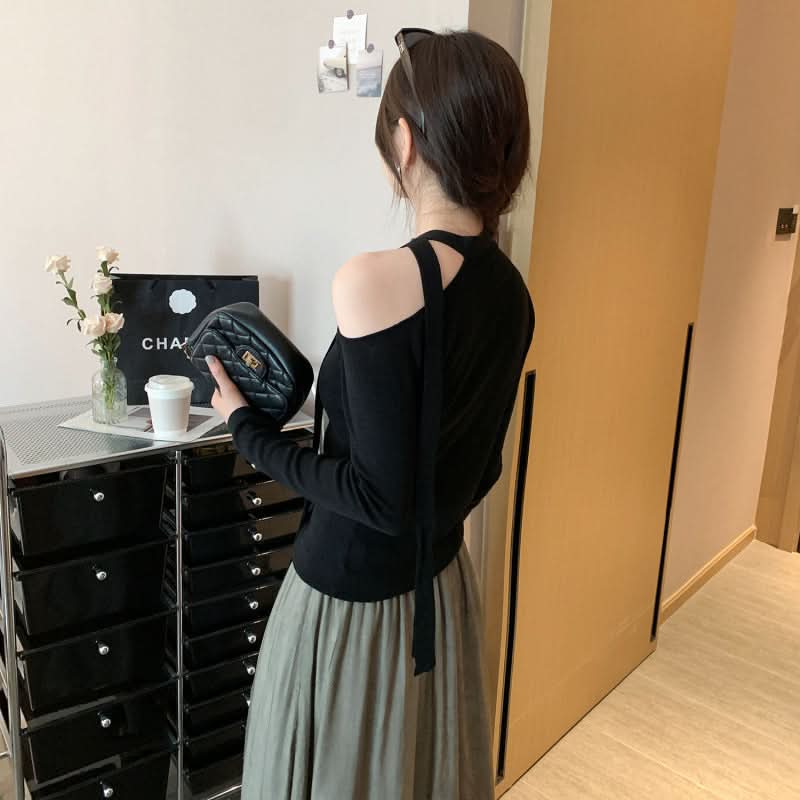 Damen Schnür-Schmetterling Ärmelloses Langarm-T-Shirt, Leichtes Chiffon-Design, Elegantes und figurbetontes Oberteil