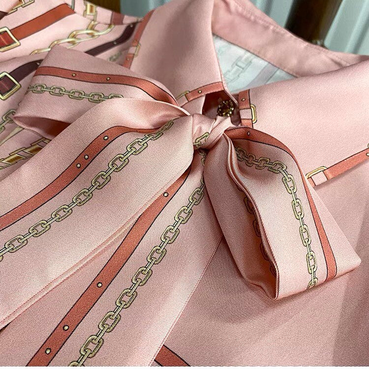 Puff Sleeve Pink Elegant Blouse Women Shirts Bow Chiffon Shirt Autumn Slim Office Blusas Loose Size 3XL