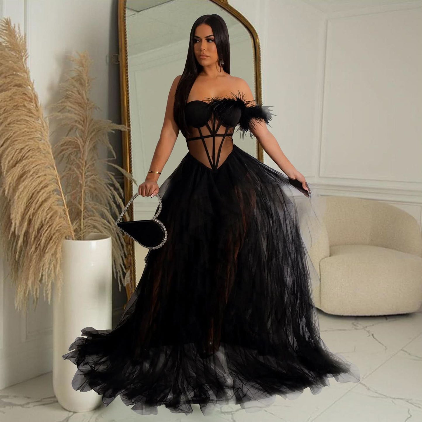 Fashion Women's Solid Color Sleeveless Bustier Mesh Long Dress