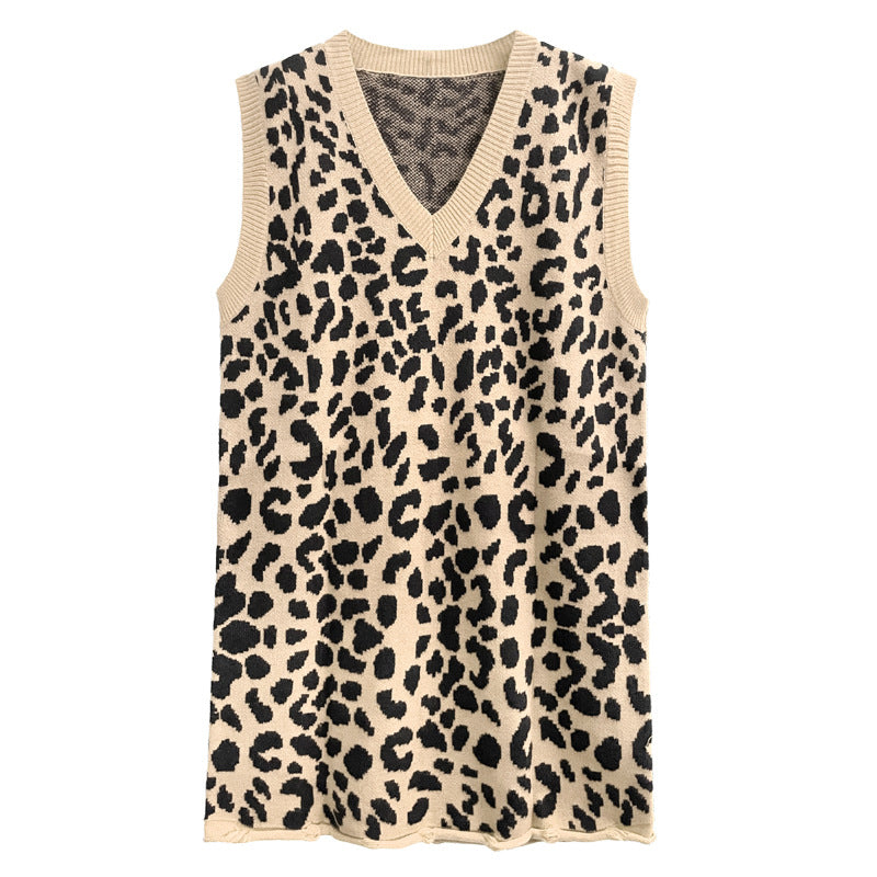 Leopard Print Sleeveless Knit Dress For Women Autumn New V-neck Loose Versatile Ankle Length Vestido Robe