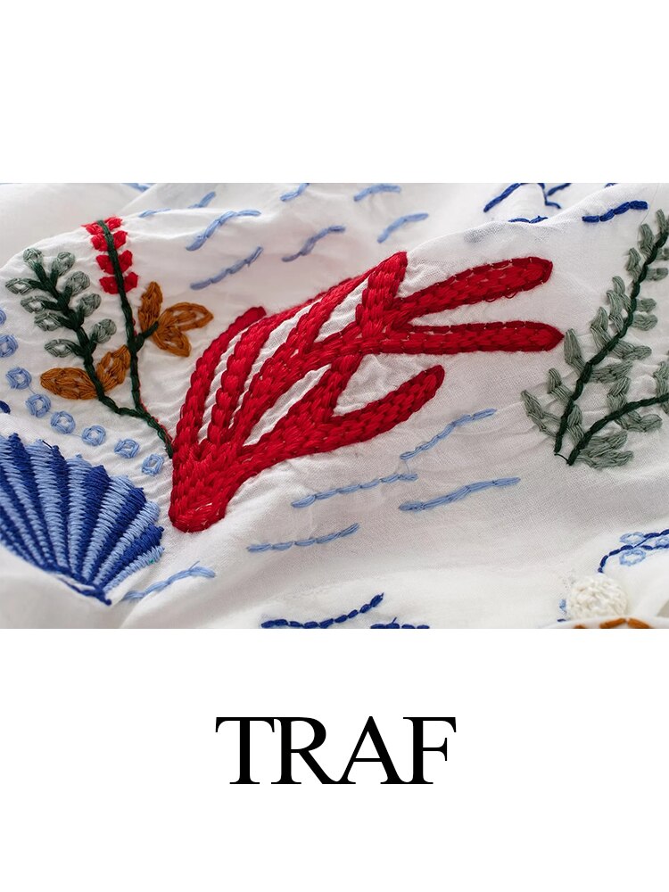 TRAF Women's Retro Shirts Cotton Embroide Long Sleeve Blouse Loose All-Match Female Blusa Casual Office Lady Blouse Female Top