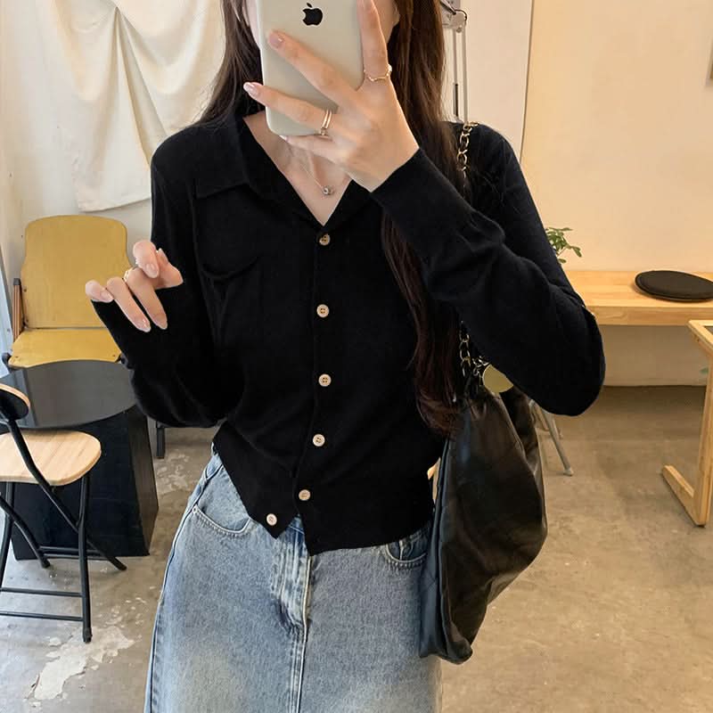 Chic Wool Notch Lapel Knit Cardigan for Women, Casual Short Top