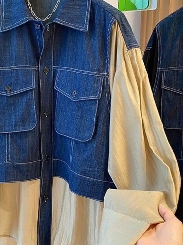 Denim Spliced Shirt For Women Fake Two-piece Contrast Big Size Fashion Long Sleeve Blusas  Autumn New Tide Female Top