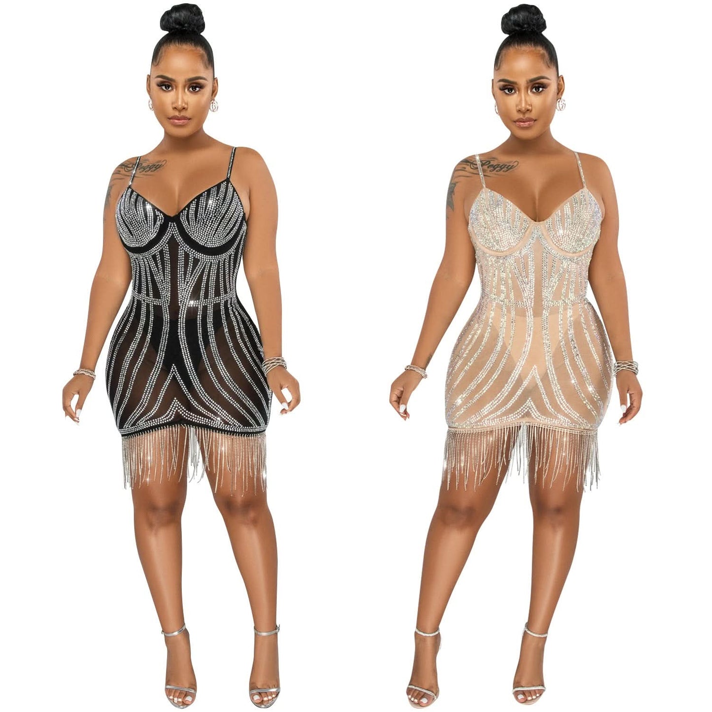 Sexy, ärmelloses, trägerloses Crop-Top-Kleid mit Verzierungen und Fransen