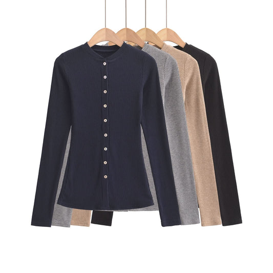 Round neck single breasted slim fit cardigan top