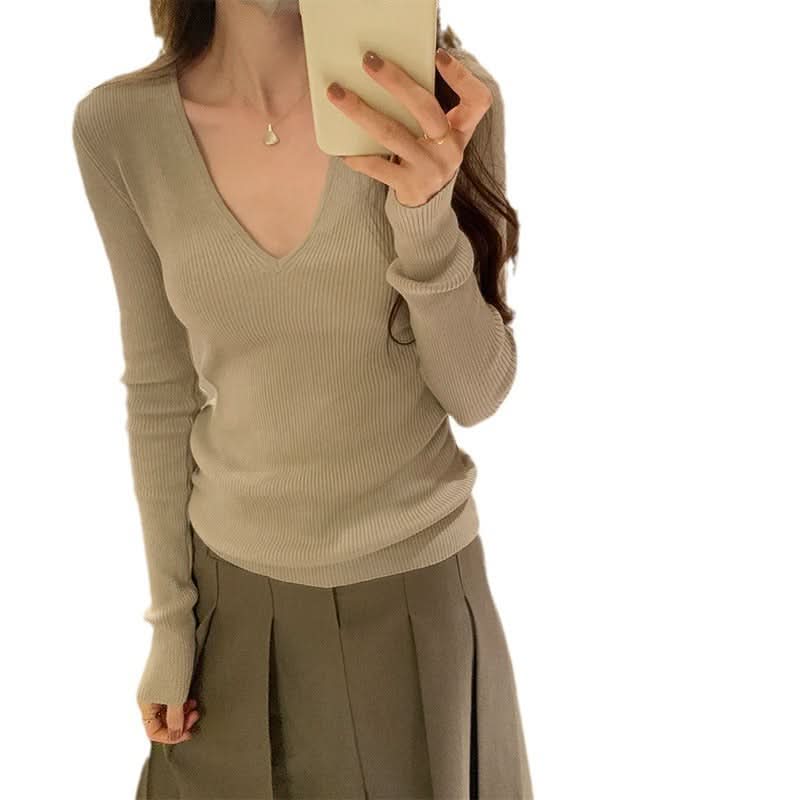 V-Ausschnitt Strickpullover für Damen im Lazy Style, weiches Langarm-Oberteil, Basic-Unterziehshirt