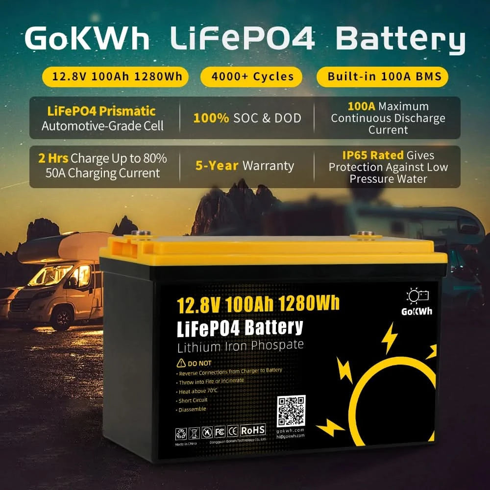 GoKWh LiFePO4 Lithium Ion Start Battery PacK LFP 12V 12.8V 100A 200Ah Lithium Ion Solar Battery RV Home Boat Storage Energy Pack