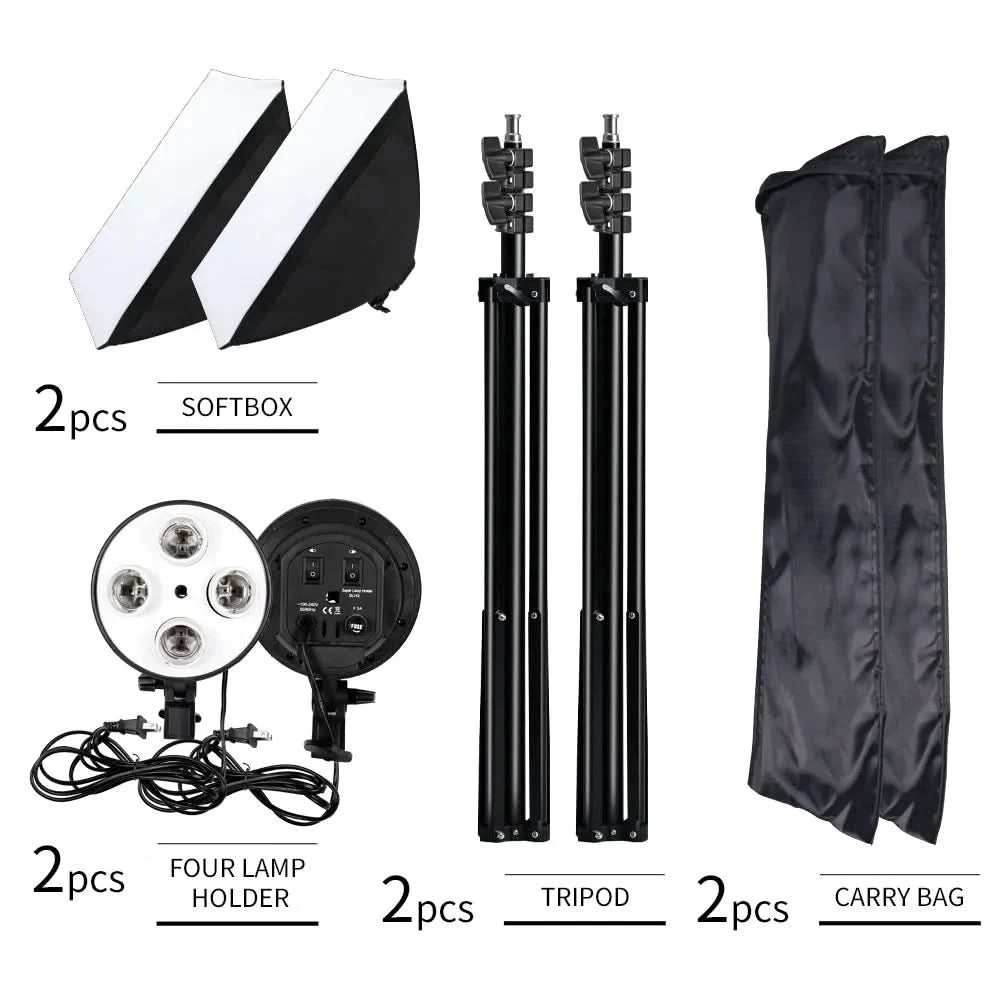 SH Fotostudio Softbox Licht-Kit Fotoausrüstung Vier Lampenfassungen Dauerlichtsystem mit E27 Glühbirnenzubehör