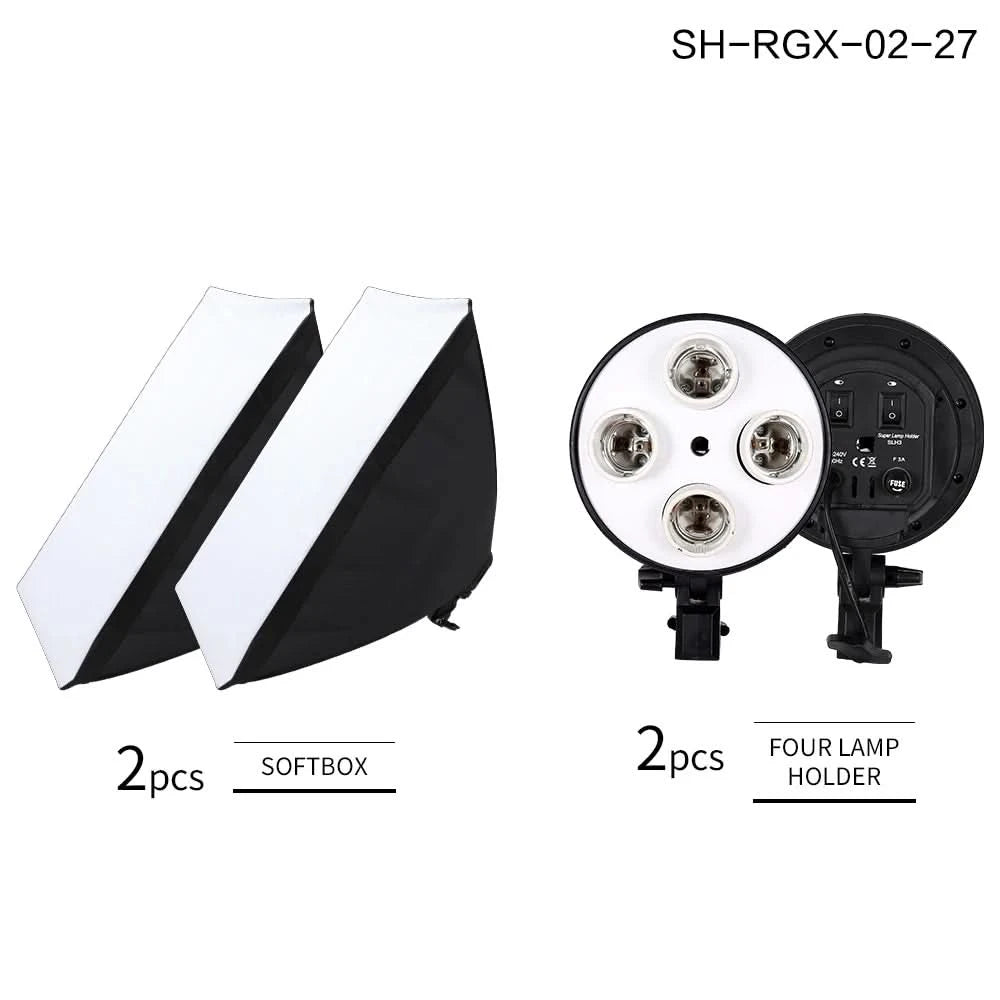 SH Fotostudio Softbox Licht-Kit Fotoausrüstung Vier Lampenfassungen Dauerlichtsystem mit E27 Glühbirnenzubehör