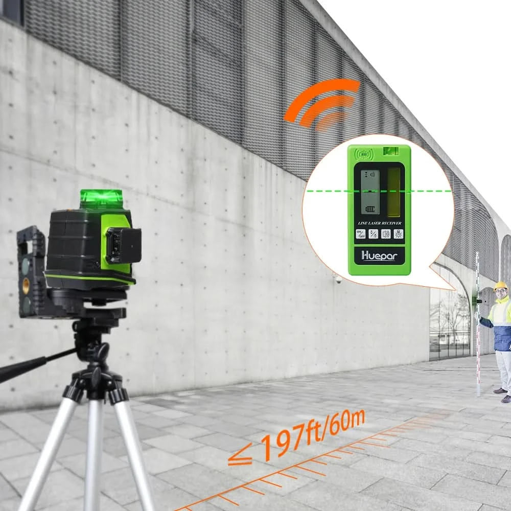 Huepar 12 Lines 3D Cross Line Laser Level Kit Osram Self-Leveling Green Beam 360° Vertical Horizontal With Laser Receiver Tripod