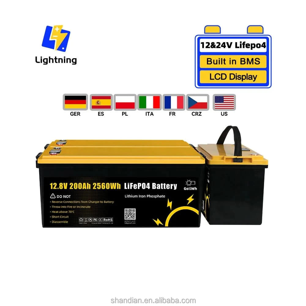 Manufacturer Wholesale GoKWh 12V 12.8V 100Ah Battery Pack 50A 100A 200Ah Lithium Ion Solar LCD RV Home Boat Ship Storage Energy