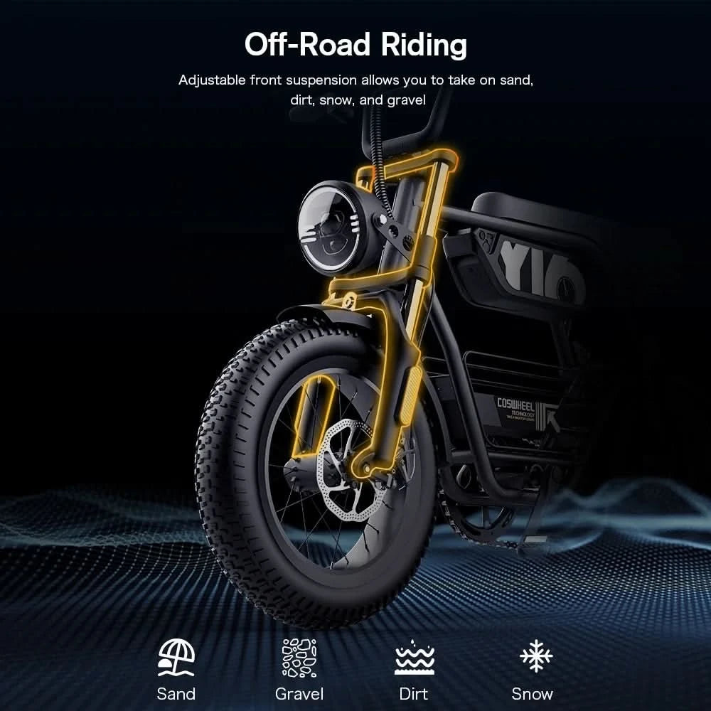 EU US Lager Sofort lieferbar COSWHEEL Y16 1000W Elektrofahrrad 48V 15AH ELEKTRISCHES FAT BIKE SCHWARZER SATTEL