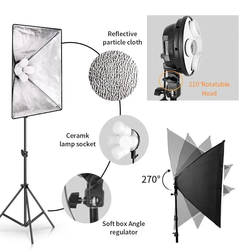 SH Fotostudio Softbox Licht-Kit Fotoausrüstung Vier Lampenfassungen Dauerlichtsystem mit E27 Glühbirnenzubehör