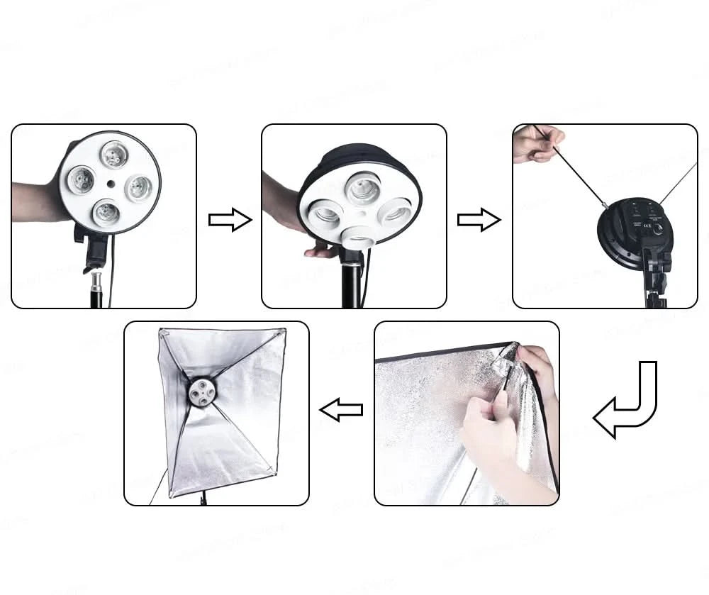 SH Fotostudio Softbox Licht-Kit Fotoausrüstung Vier Lampenfassungen Dauerlichtsystem mit E27 Glühbirnenzubehör