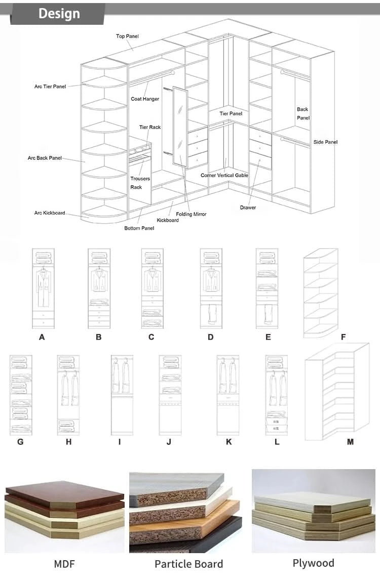 Modern wardrobes L shape with LED light walk in closets