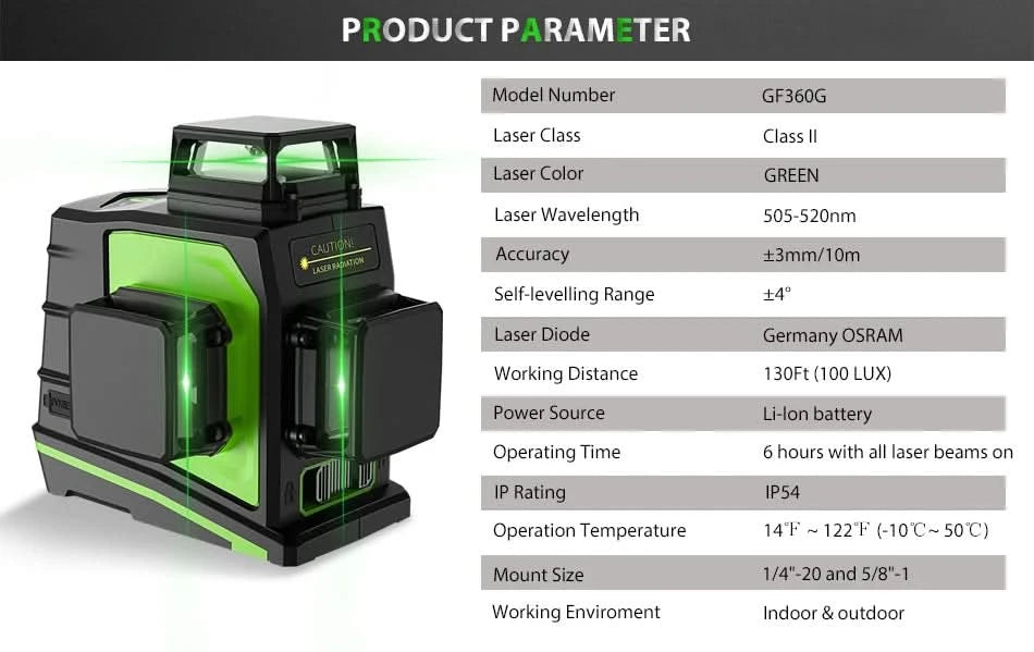 Huepar 12 Lines 3D Cross Line Laser Level Kit Osram Self-Leveling Green Beam 360° Vertical Horizontal With Laser Receiver Tripod