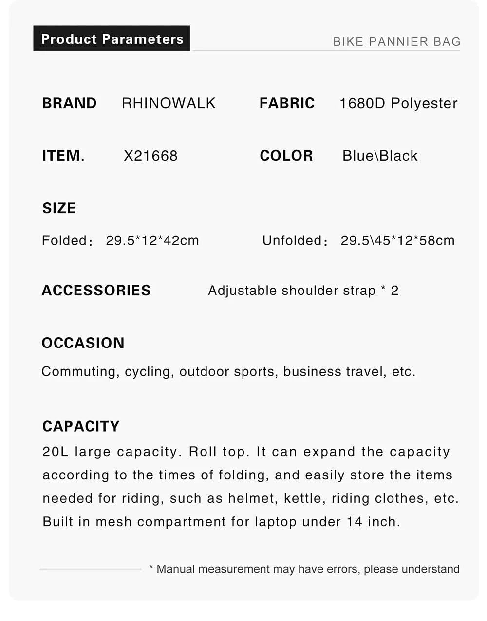 Rhinowalk Fahrradtasche & Gepäckträgertasche, 100 % wasserdicht, 27 l großes Fassungsvermögen, multifunktionale Gepäckträgertasche, Fahrradtaschen