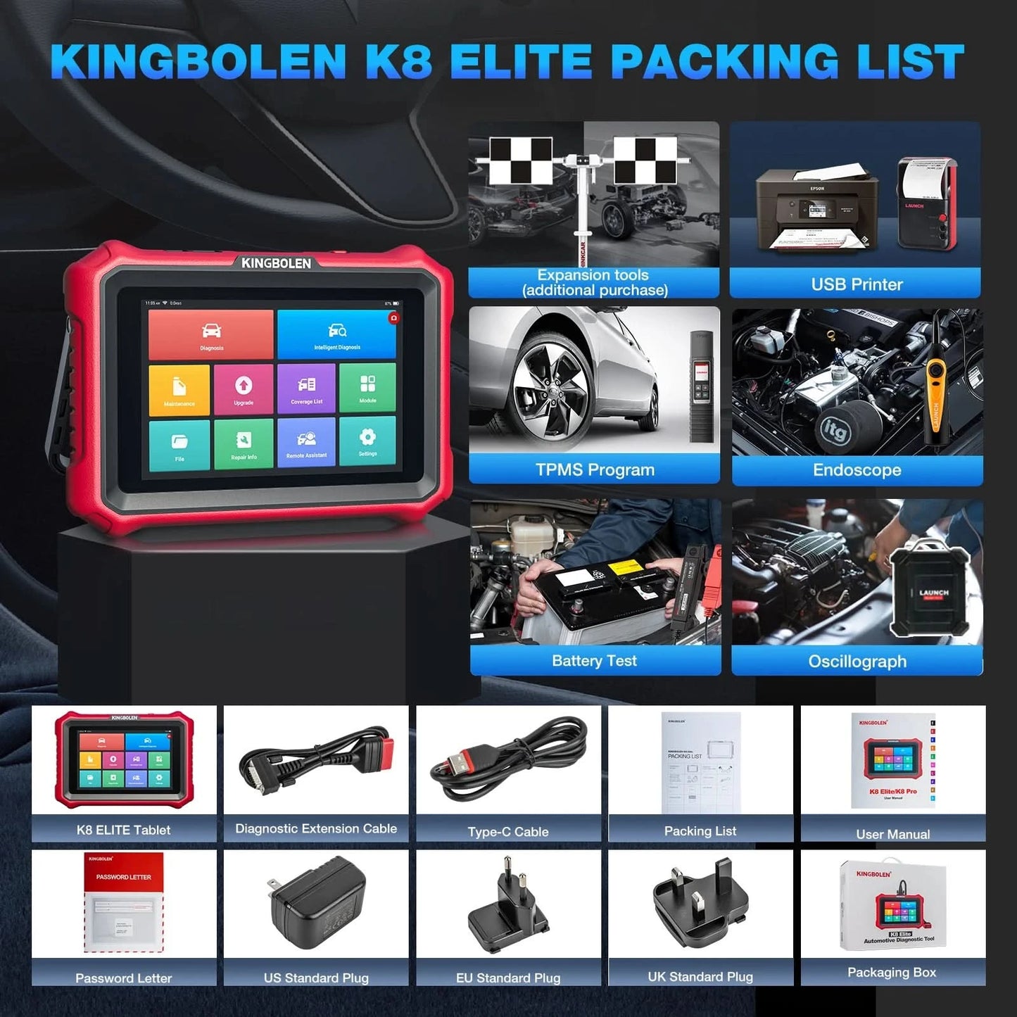 USA EU Lager Kingbolen K8 Elite Volles System Bidirektionales Diagnosegerät ECU-Codierungs-Scanner Lebenslange kostenlose Updates