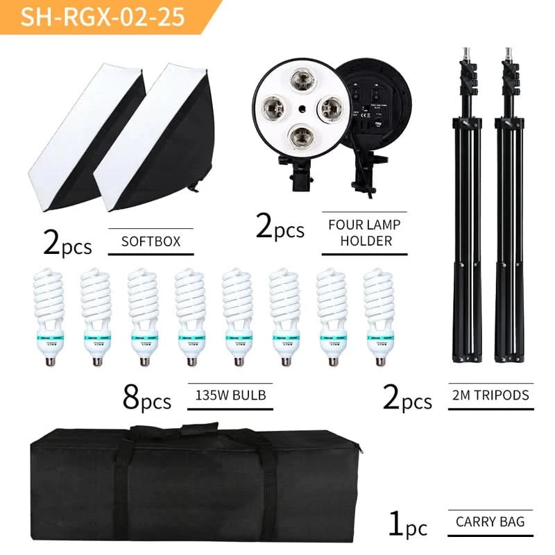 SH Fotostudio Softbox Licht-Kit Fotoausrüstung Vier Lampenfassungen Dauerlichtsystem mit E27 Glühbirnenzubehör