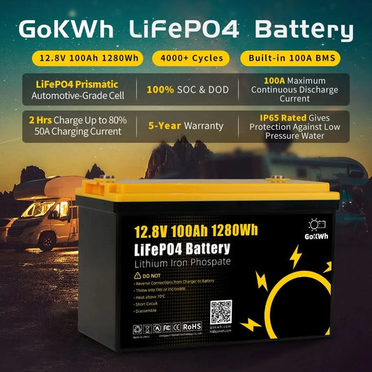 GoKWh 12V 12.8V 100Ah Battery Pack 50A 100A 200Ah Lithium Iron Phosphate Solar RV Electric Vehicle Boat Golf Carts Residential