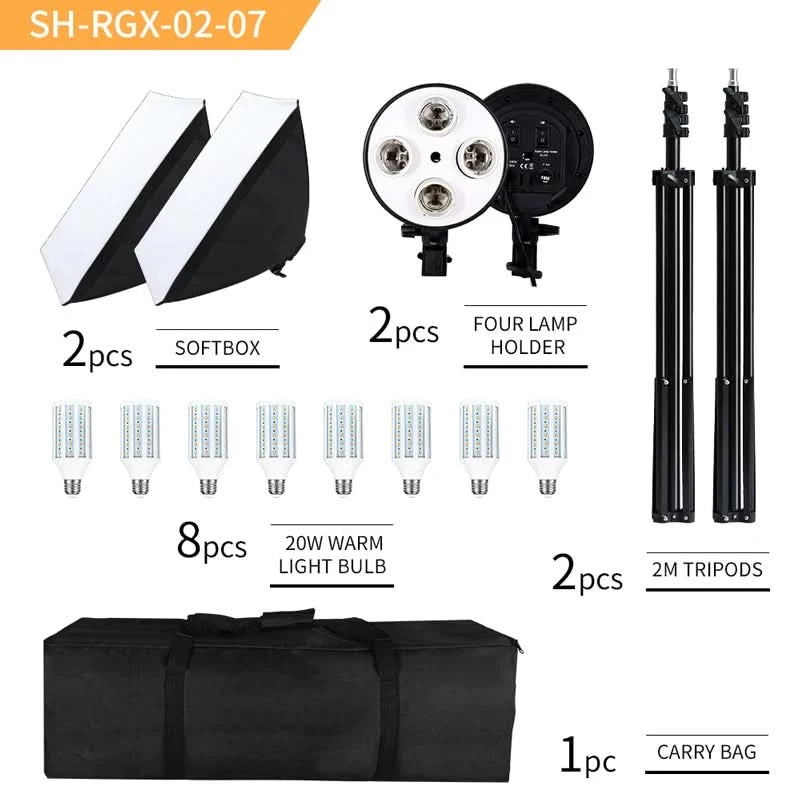 SH Fotostudio Softbox Licht-Kit Fotoausrüstung Vier Lampenfassungen Dauerlichtsystem mit E27 Glühbirnenzubehör