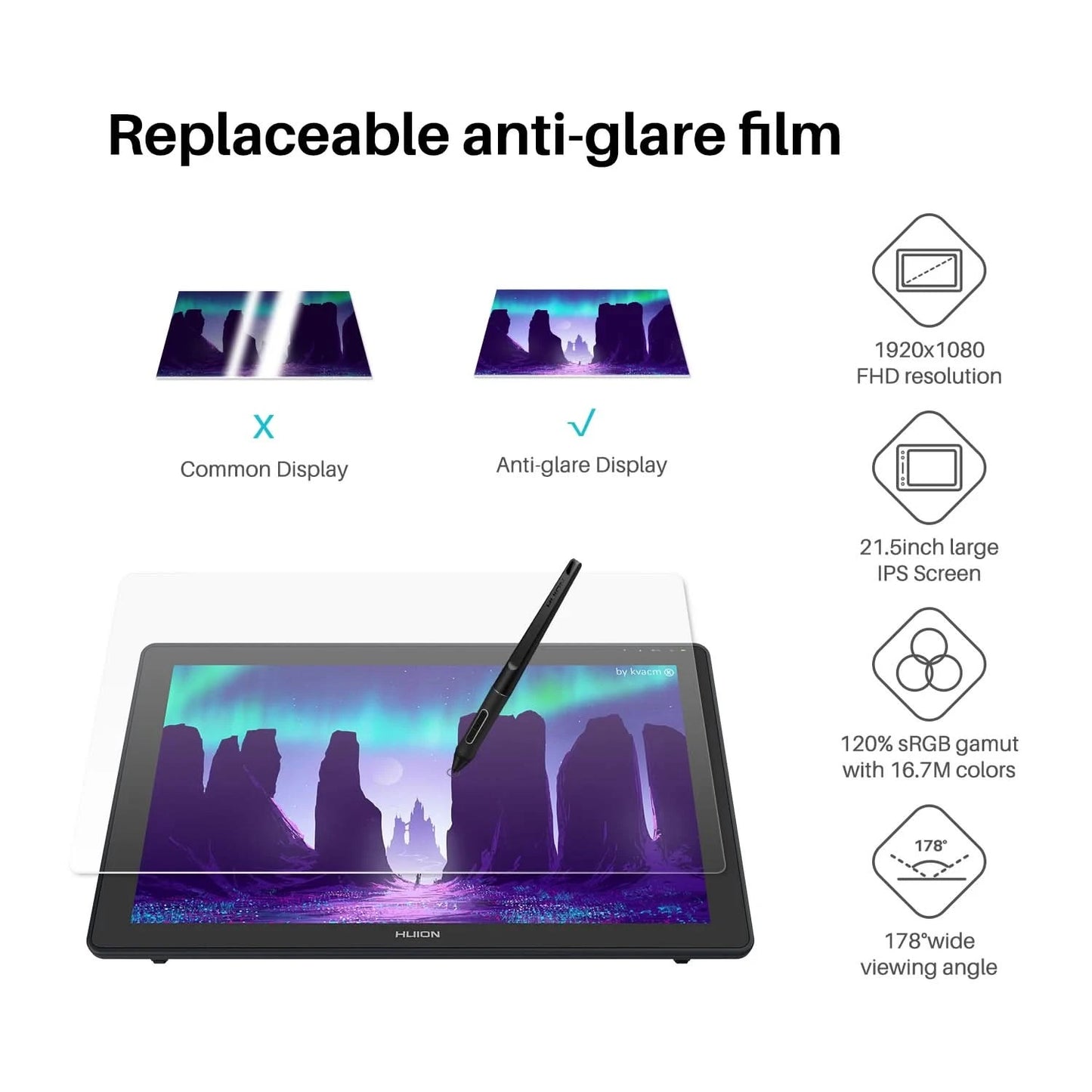 HUION Kamvas 22 Grafiktablett Stift-Display 21,5 Zoll blendfreier Bildschirm 120% sRGB Windows Mac und Android Gerät