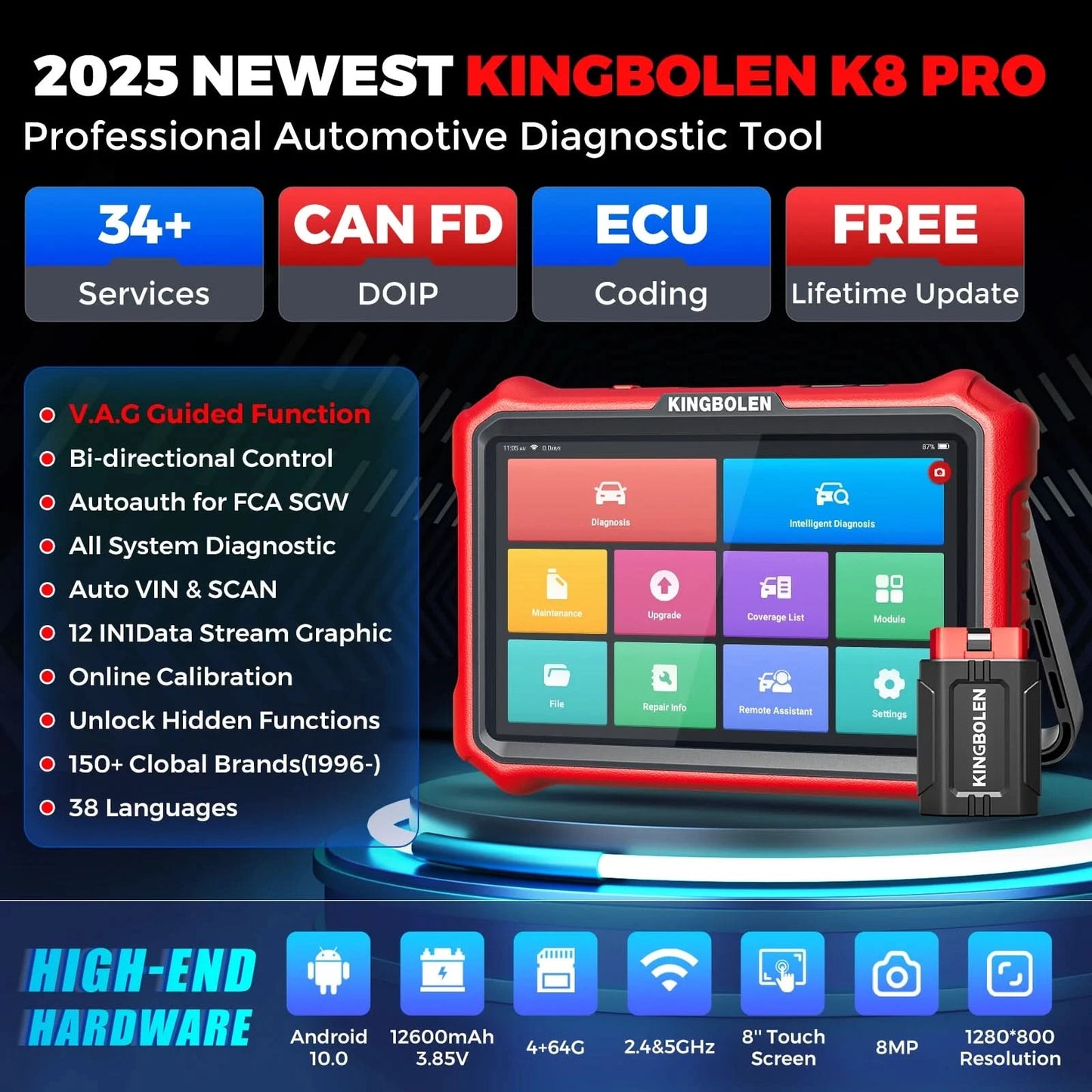 USA EU Lager Kingbolen K8 PRO Volles System bidirektionales Auto-Diagnosewerkzeug Lebenslange kostenlose Updates