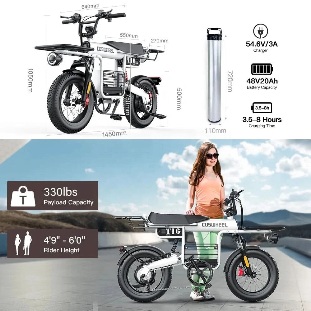 Coswheel T16 E-Bike für Erwachsene und Jugendliche, 1000W Motor, 45 km/h, über 110 km Reichweite, 48V 20Ah Akku, 7-Gang-Schaltung, Dual-Federung