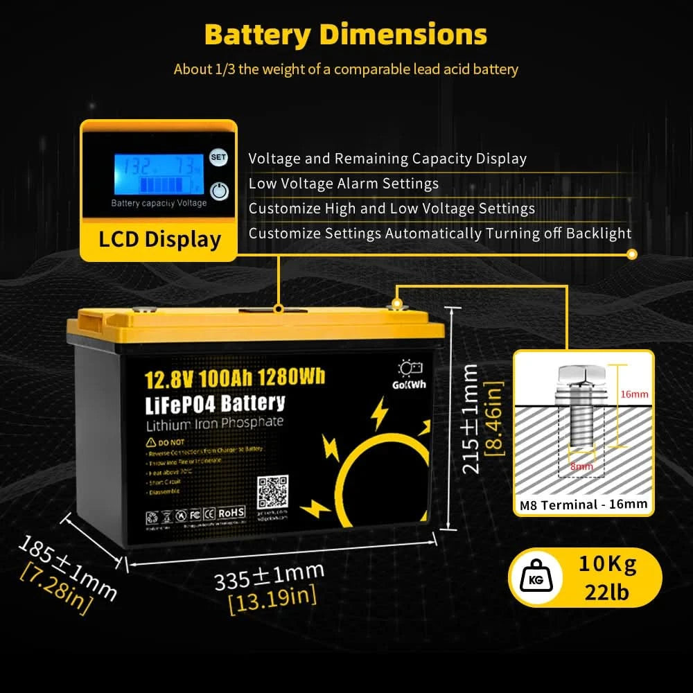 GoKWh 12V 100Ah Batterie Lifepo4 12,8V 100A 200Ah Lithium-Ionen Solarbatterie mit LCD für Wohnmobil, Camping, Solaranwendungen – Langlebig, effizient