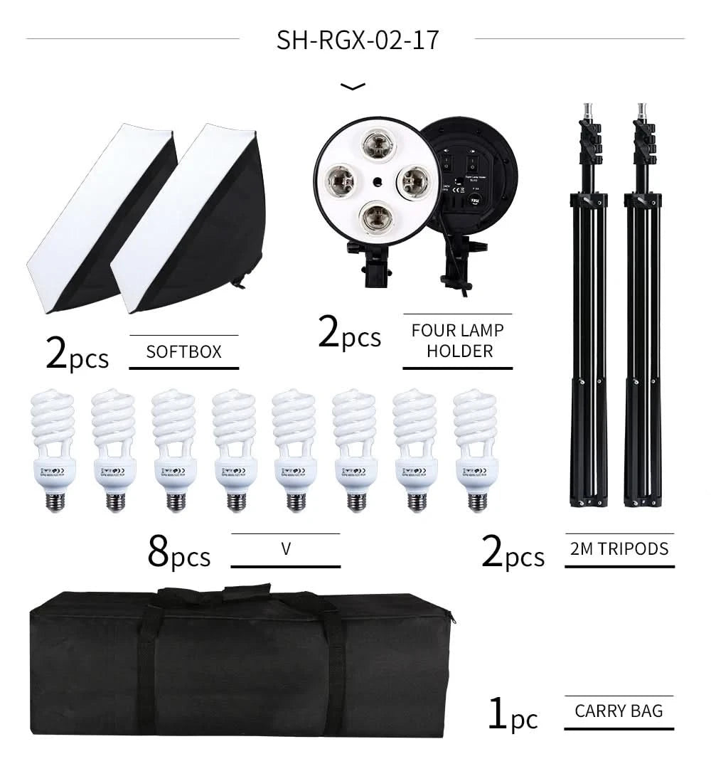 SH Fotostudio Softbox Licht-Kit Fotoausrüstung Vier Lampenfassungen Dauerlichtsystem mit E27 Glühbirnenzubehör